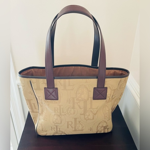Timeless Classic Y2K Ralph Lauren Khaki Canvas And Dark Brown Leather Large Tote - Picture 3 of 15